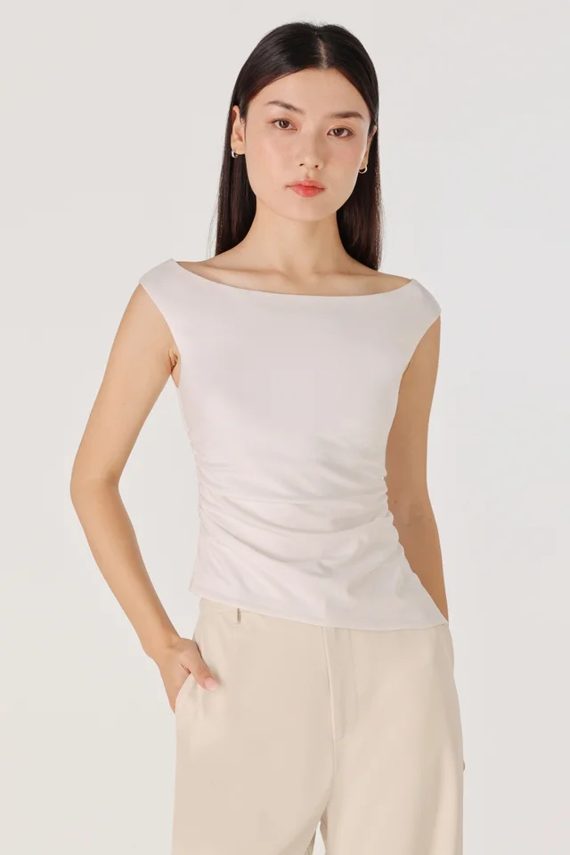 EVANGELINE PADDED BOATNECK SLANT HEM RUCHED TOP (WHITE)