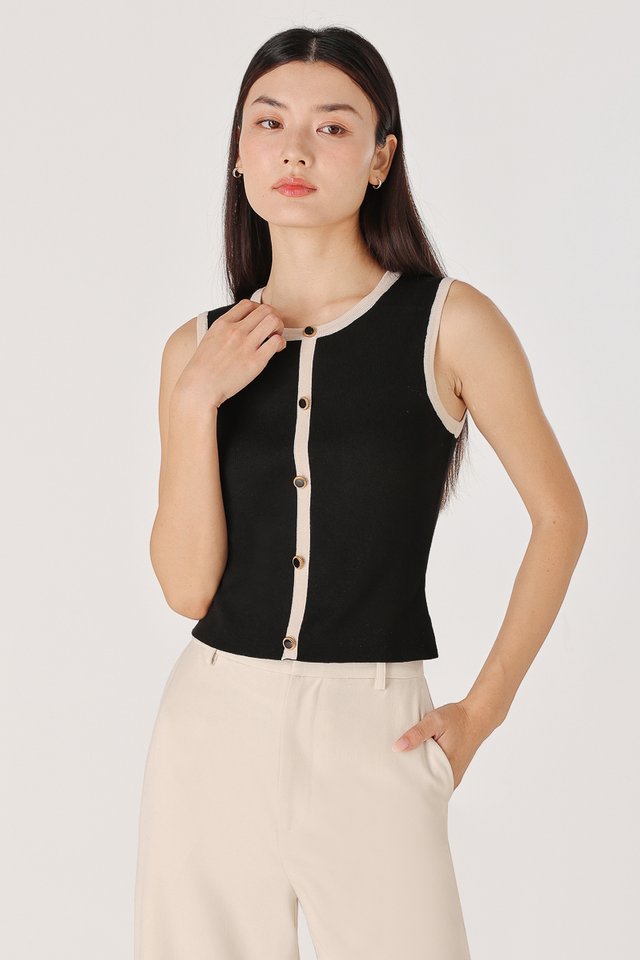 MISHA CONTRAST TRIM BUTTON KNIT TOP (BLACK)