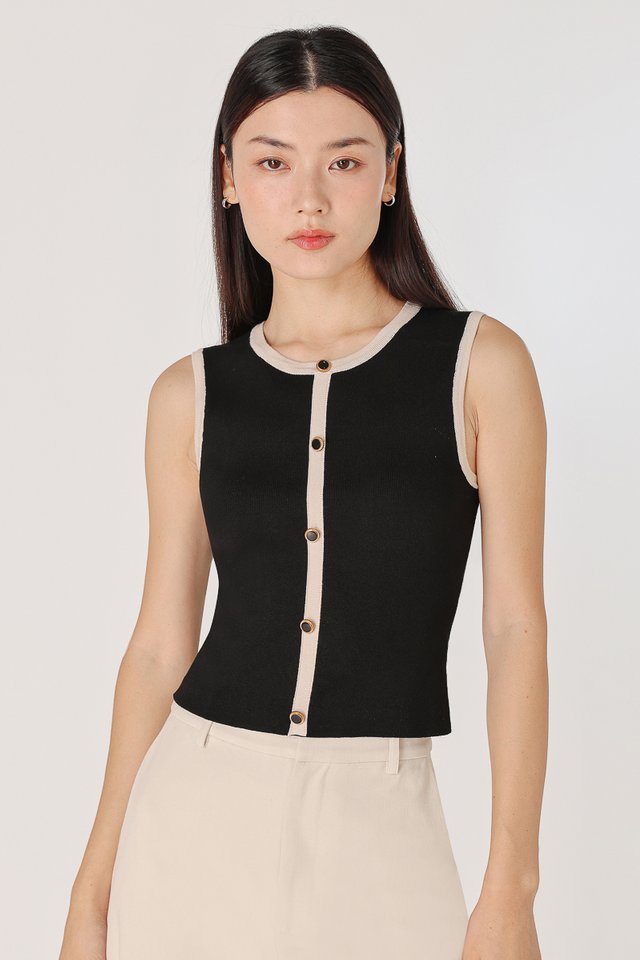 MISHA CONTRAST TRIM BUTTON KNIT TOP (BLACK)