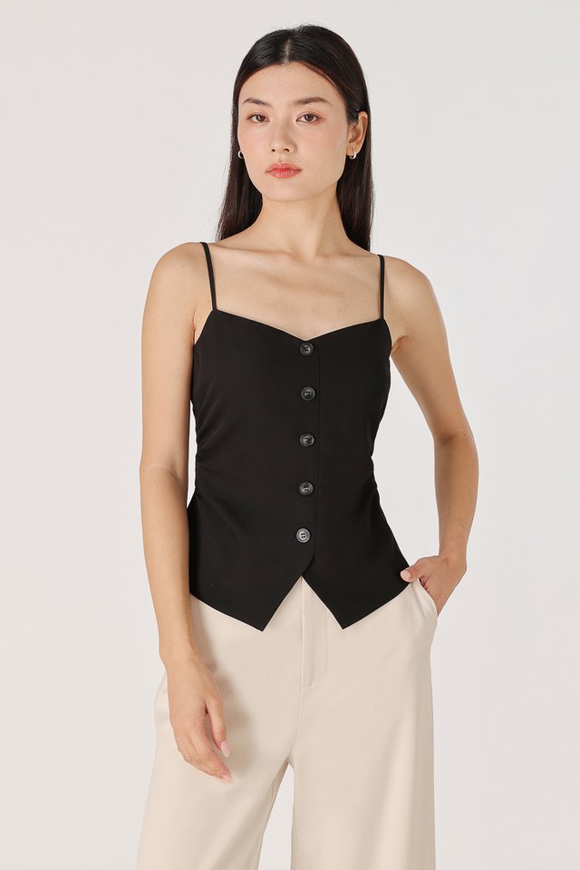 ALESSIA PADDED SIDE RUCHED BUTTON VEST TOP (BLACK)