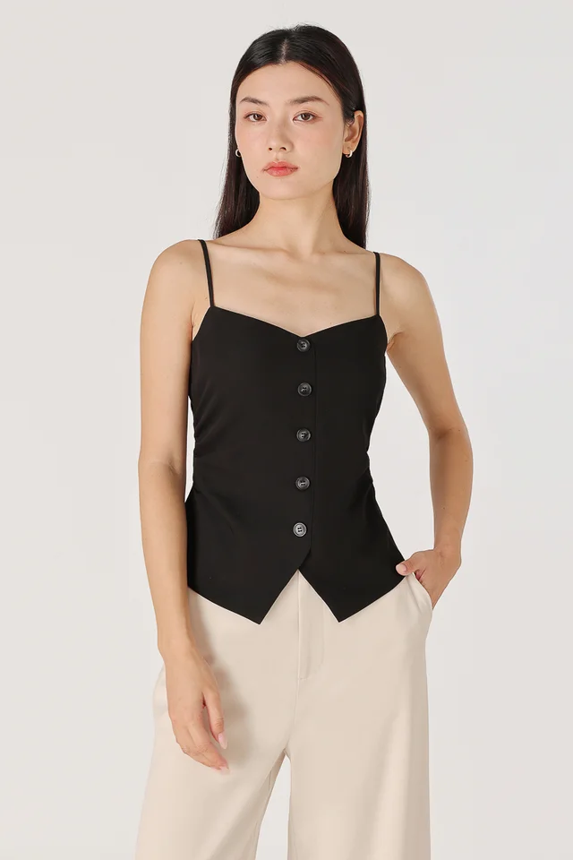ALESSIA PADDED SIDE RUCHED BUTTON VEST TOP (BLACK)