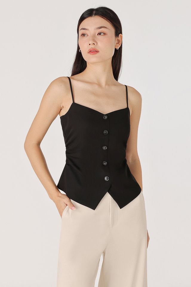 ALESSIA PADDED SIDE RUCHED BUTTON VEST TOP (BLACK)