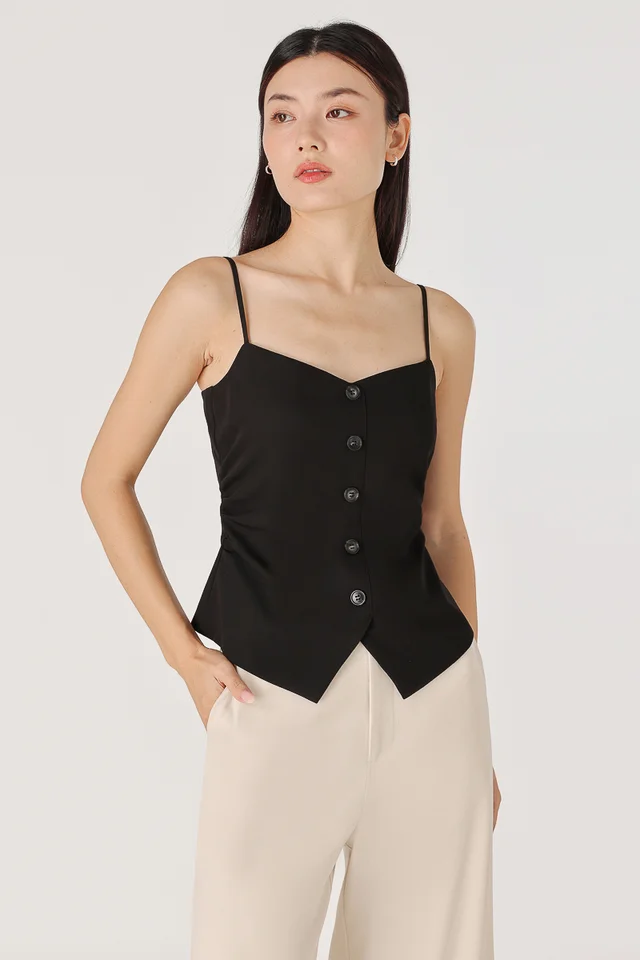 ALESSIA PADDED SIDE RUCHED BUTTON VEST TOP (BLACK)