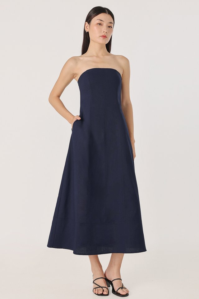 DALIYA PADDED LINEN PANELLED TWO-WAY THICK HEM MIDAXI DRESS (NAVY) *BFF*