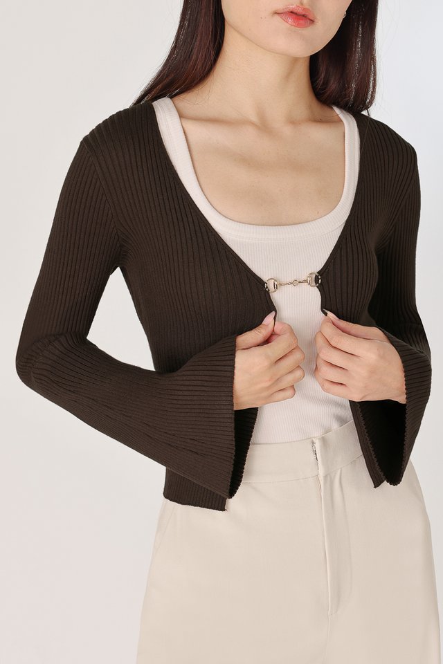 FIO FLARE SLEEVE FRONT BUCKLE KNIT CARDIGAN (ESPRESSO)
