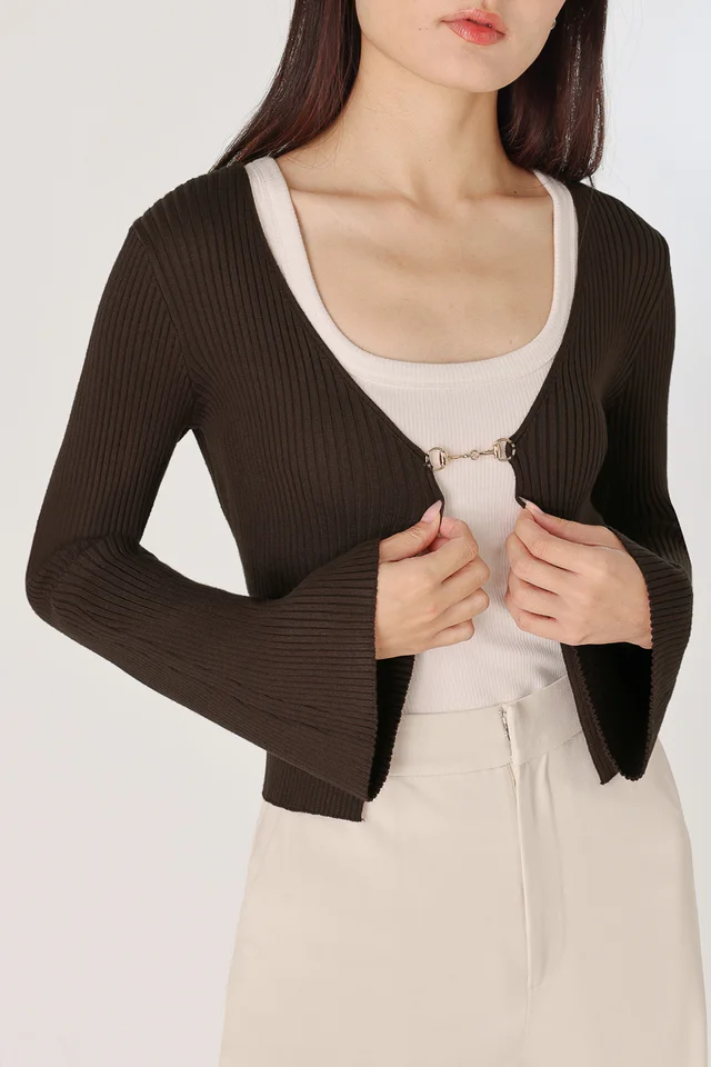 FIO FLARE SLEEVE FRONT BUCKLE KNIT CARDIGAN (ESPRESSO)