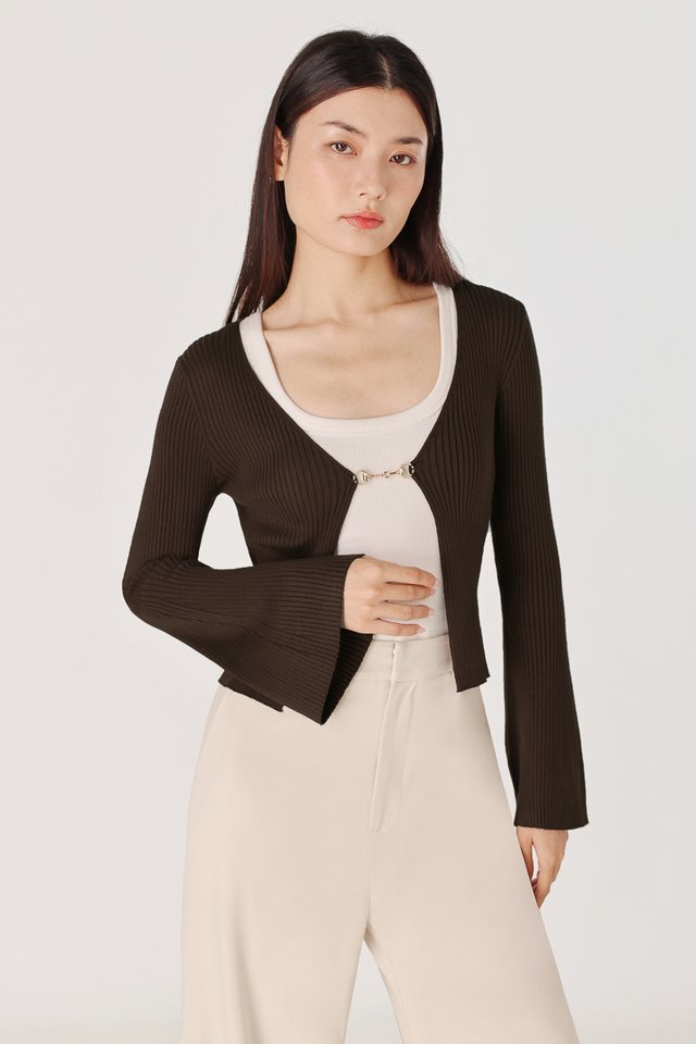 FIO FLARE SLEEVE FRONT BUCKLE KNIT CARDIGAN (ESPRESSO)