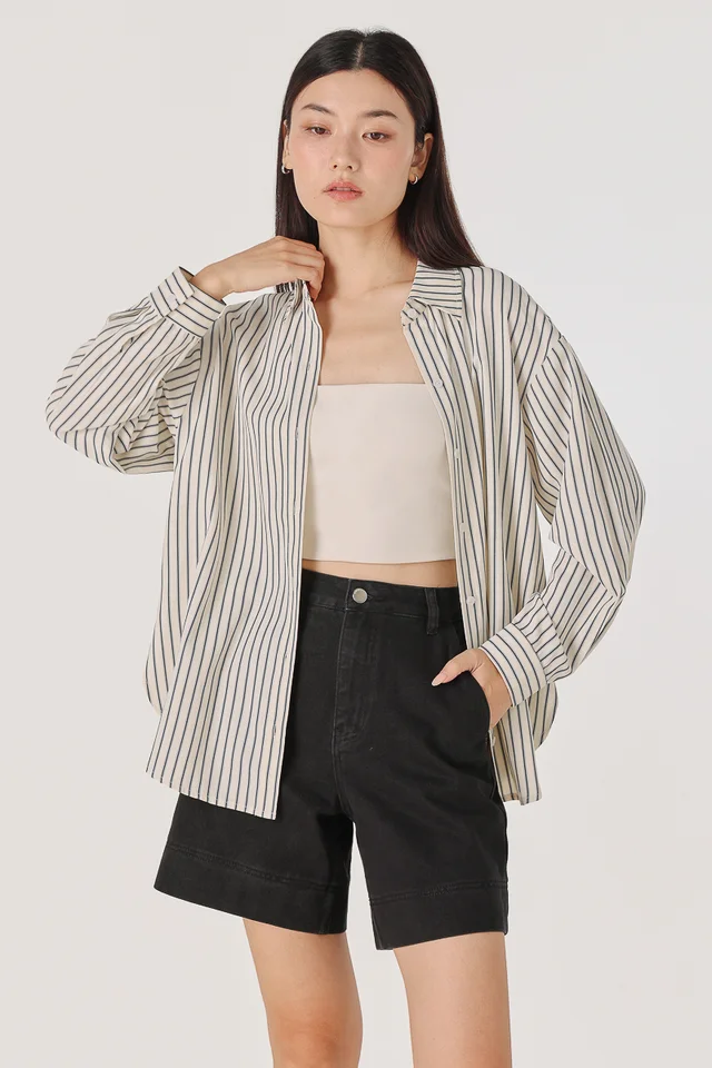 ALFIE BUTTON UP CURVED HEM SHIRT (NAVY STRIPED)