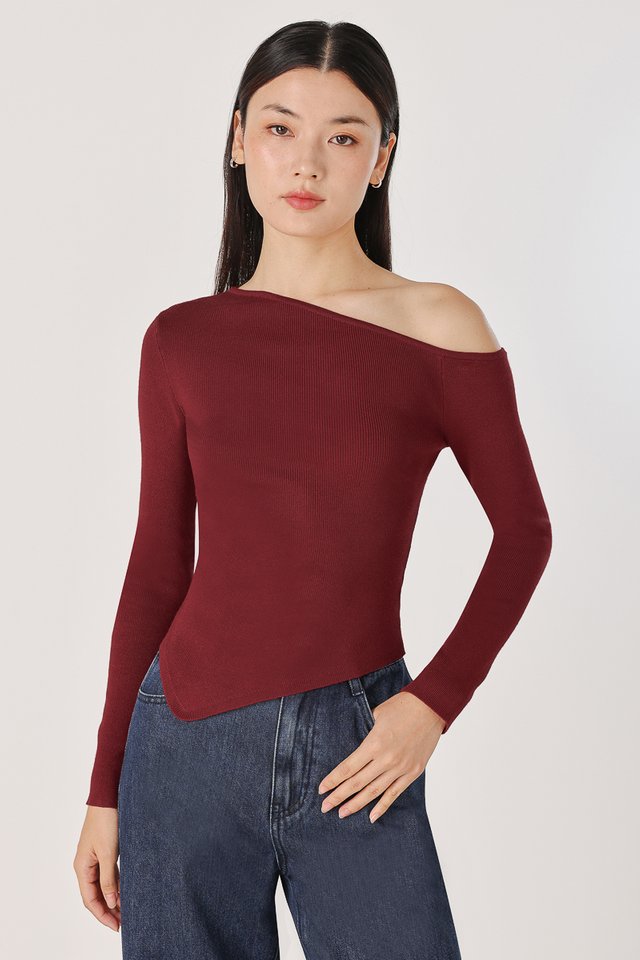 ZORA ASYMMETRICAL LONG SLEEVE KNIT TOP (RED) *BFF*