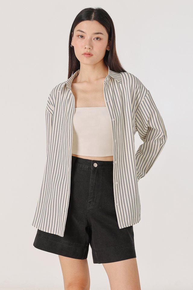 ALFIE BUTTON UP CURVED HEM SHIRT (NAVY STRIPED)