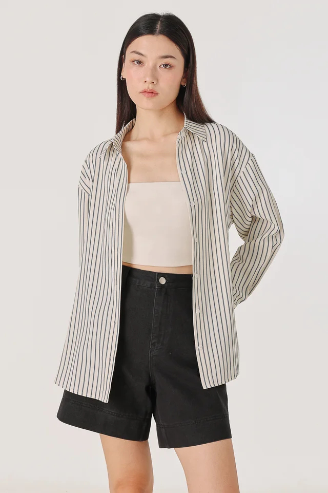 ALFIE BUTTON UP CURVED HEM SHIRT (NAVY STRIPED)