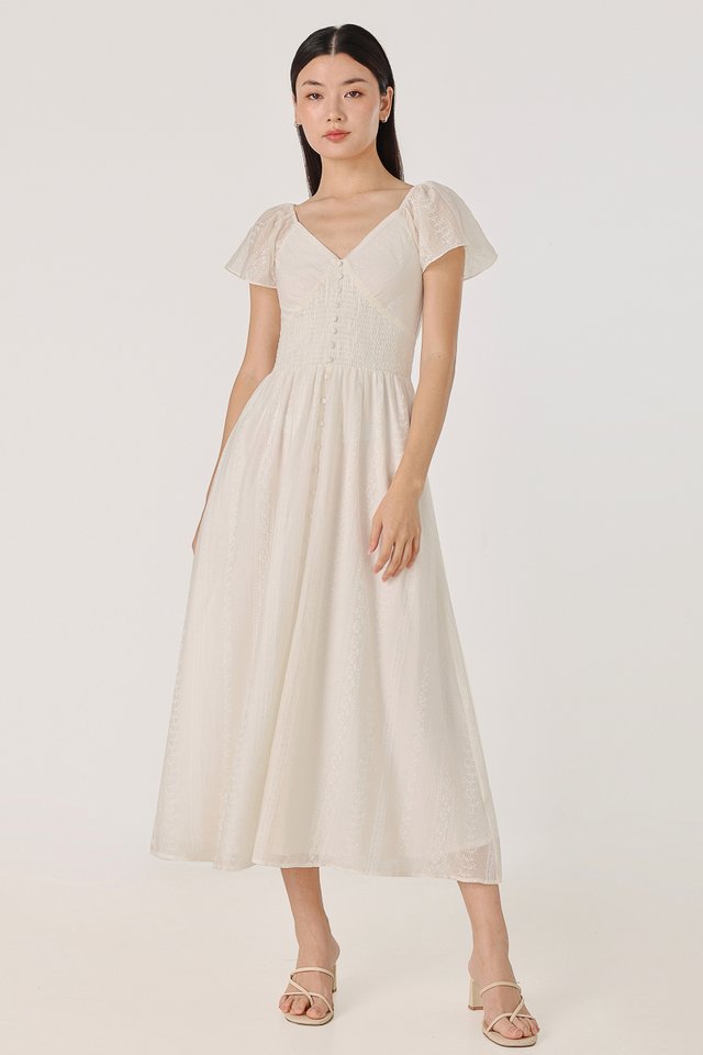 LYDIA FLORAL EMBROIDERED FLUTTER SLEEVE SMOCKED WAIST MAXI DRESS (CREAM) *BFF*