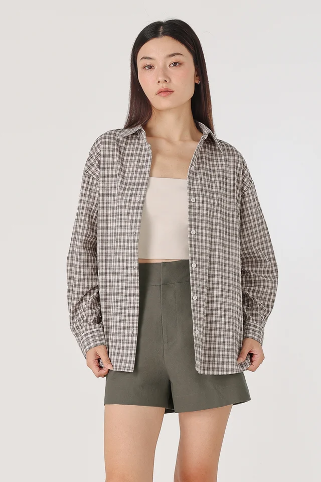 ALFIE BUTTON UP CURVED HEM SHIRT (BROWN CHECKERED)
