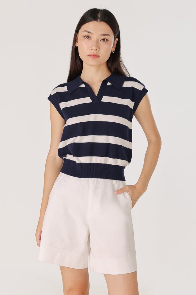LEONOR STRIPED COLLARED BOXY KNIT TOP (NAVY WITH WHITE STRIPES)