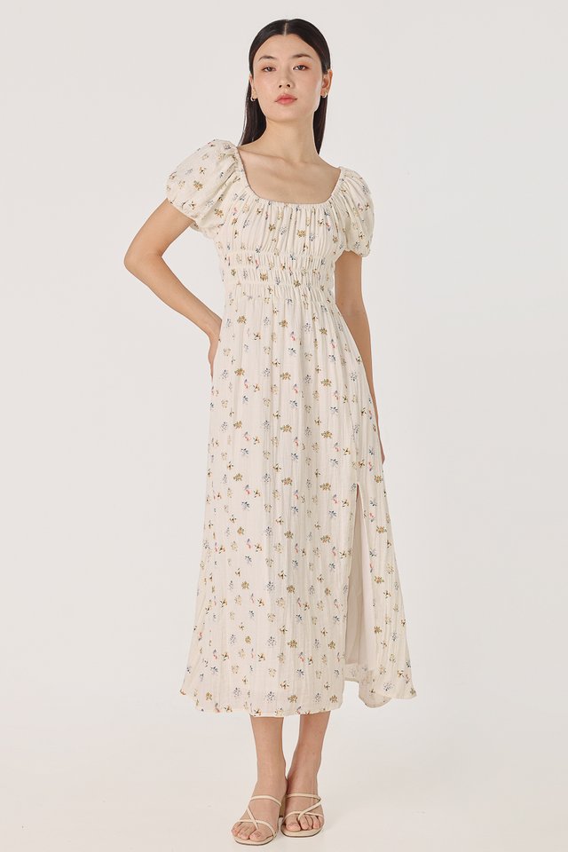 THEORA FLORAL RUCHED PUFF SLEEVE MAXI DRESS *BFF*