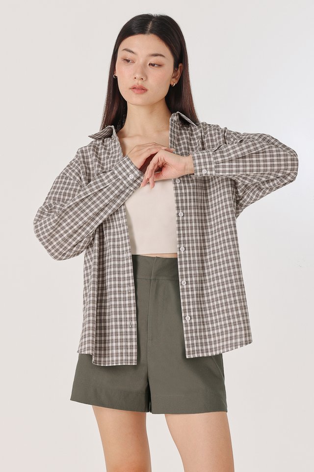 ALFIE BUTTON UP CURVED HEM SHIRT (BROWN CHECKERED)