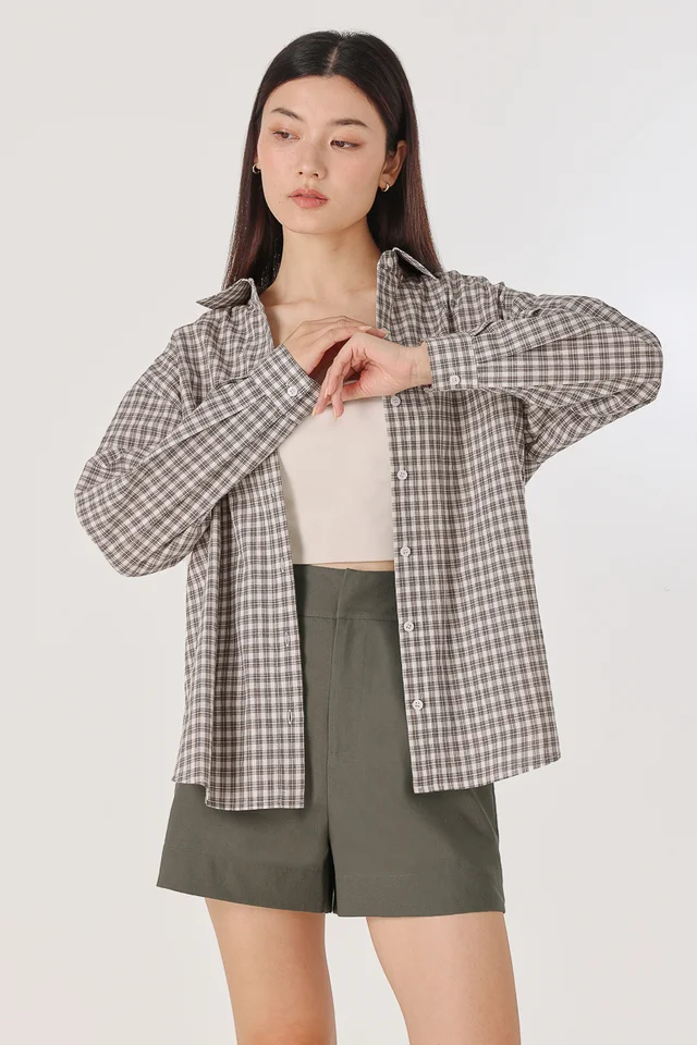 ALFIE BUTTON UP CURVED HEM SHIRT (BROWN CHECKERED)