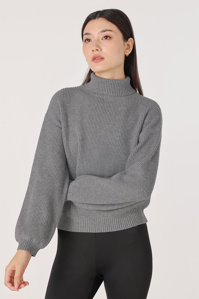 ZIELLE HIGH NECK SLOUCHY PULLOVER KNIT TOP (GREY)