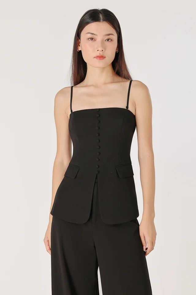 ALDA PADDED BUTTON TWO-WAY VEST TOP (BLACK)