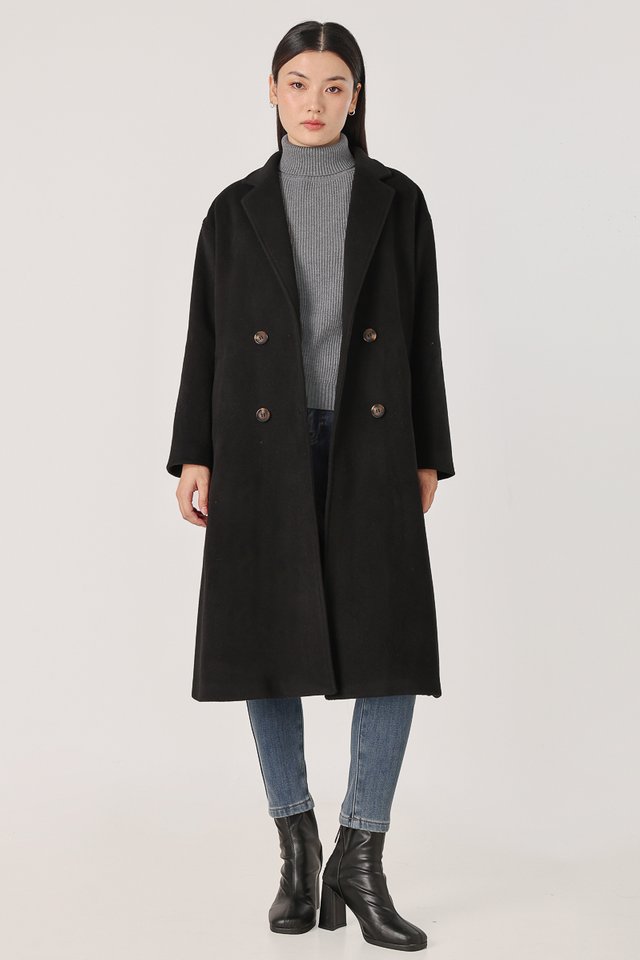 ADIRA DOUBLE BREASTED POCKET LONG COAT (BLACK)