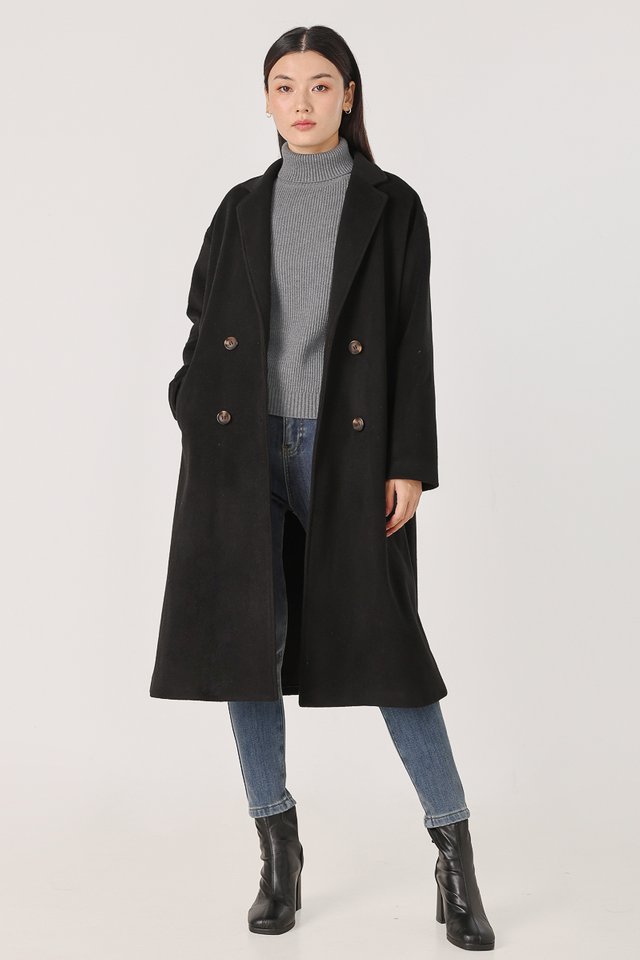 ADIRA DOUBLE BREASTED POCKET LONG COAT (BLACK)