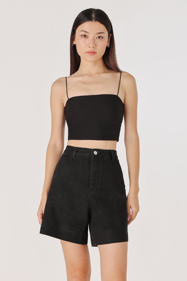 BOTTOM LINE THICK HEM SLANT POCKET MUM DENIM SHORTS (BLACK)