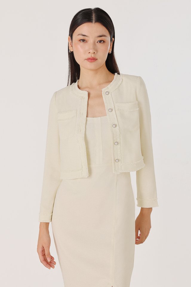 JAZELLE FRAYED TWEED POCKET BUTTON JACKET (CHAMPAGNE) *BFF*