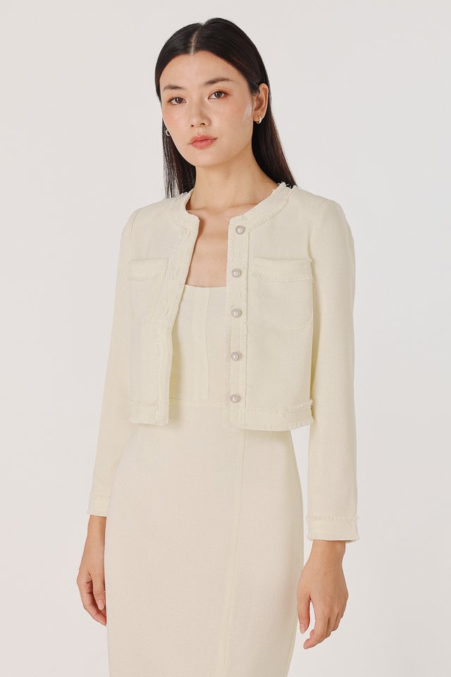 JAZELLE FRAYED TWEED POCKET BUTTON JACKET (CHAMPAGNE) *BFF*