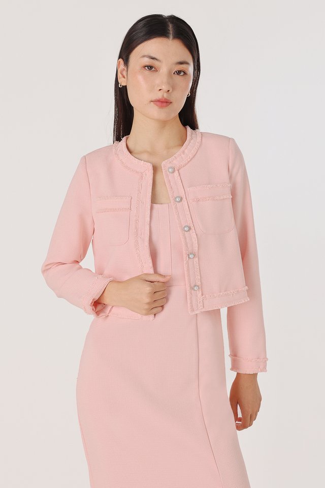 JAZELLE FRAYED TWEED POCKET BUTTON JACKET (PINK) *BFF*