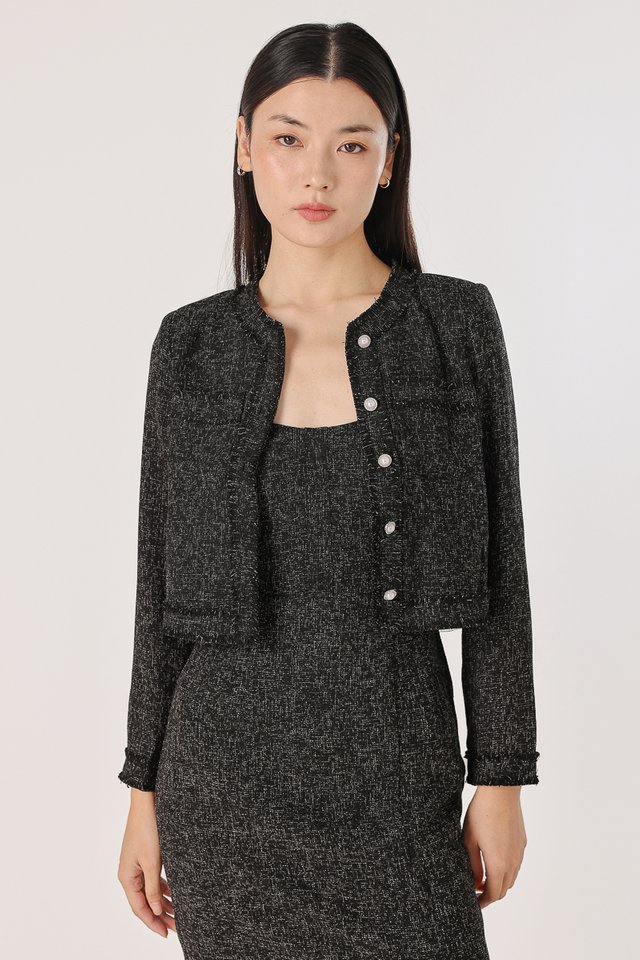 JAZELLE FRAYED TWEED POCKET BUTTON JACKET (BLACK) *BFF*