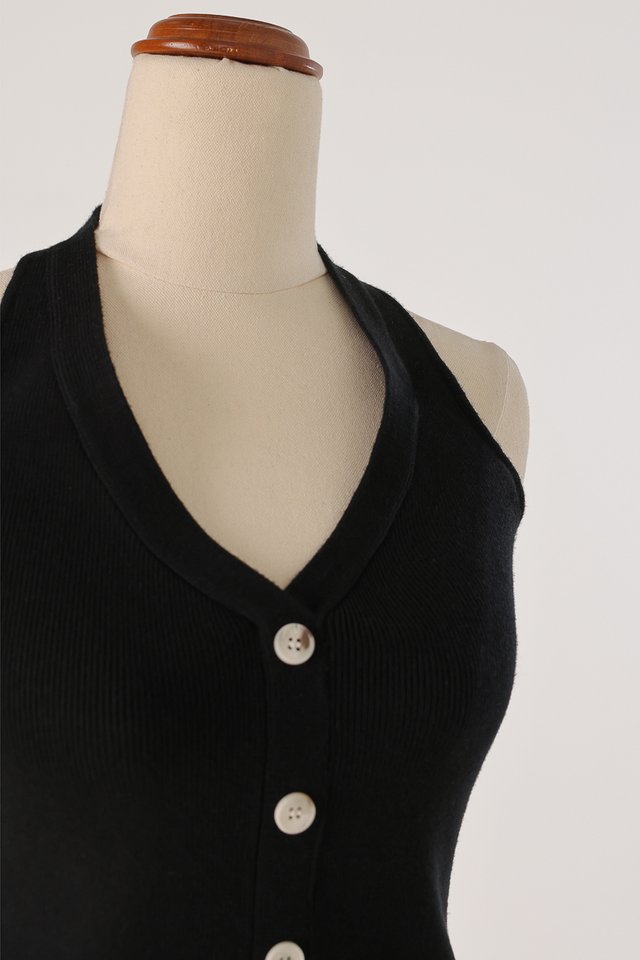 DESIREE HALTER SHELL BUTTON KNIT TOP (BLACK) *BFF*