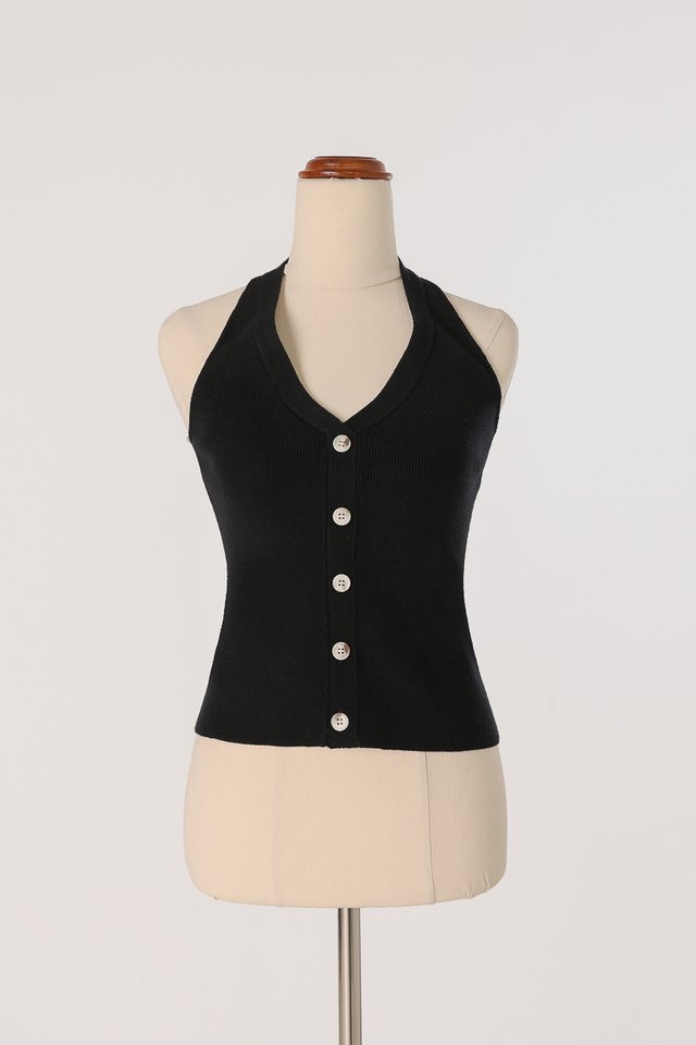 DESIREE HALTER SHELL BUTTON KNIT TOP (BLACK) *BFF*