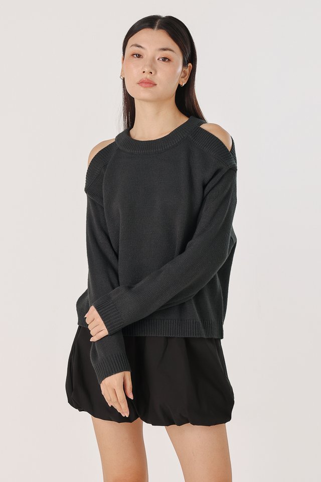 DONNA COLD SHOULDER PULLOVER KNIT TOP (GUNMETAL) *BFF*