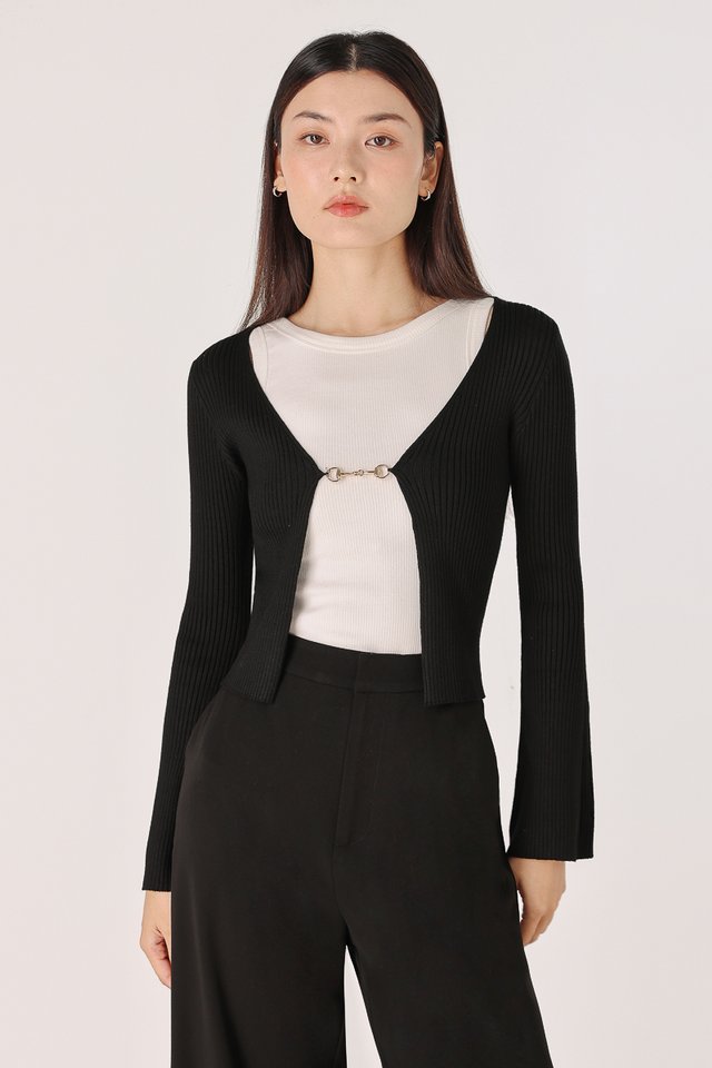 FIO FLARE SLEEVE FRONT BUCKLE KNIT CARDIGAN (BLACK)