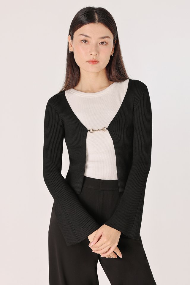 FIO FLARE SLEEVE FRONT BUCKLE KNIT CARDIGAN (BLACK)