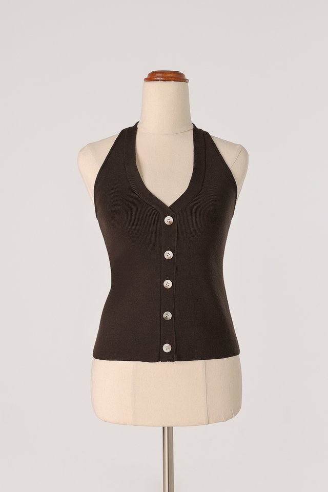DESIREE HALTER SHELL BUTTON KNIT TOP (ESPRESSO) *BFF*