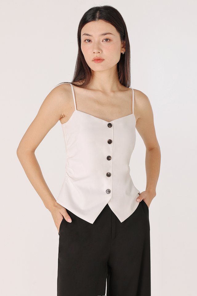 ALESSIA PADDED SIDE RUCHED BUTTON VEST TOP (WHITE)