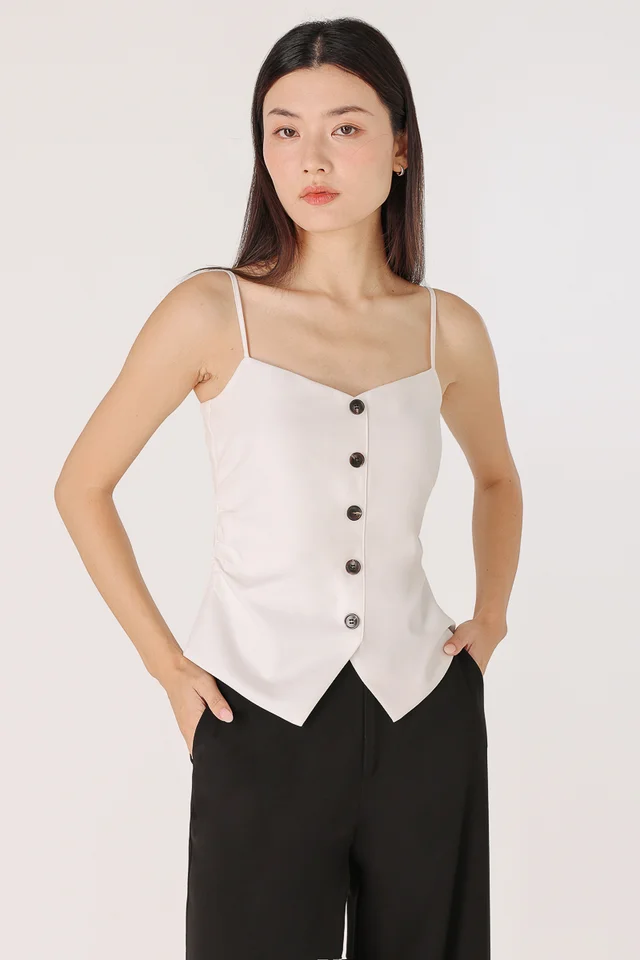 ALESSIA PADDED SIDE RUCHED BUTTON VEST TOP (WHITE)