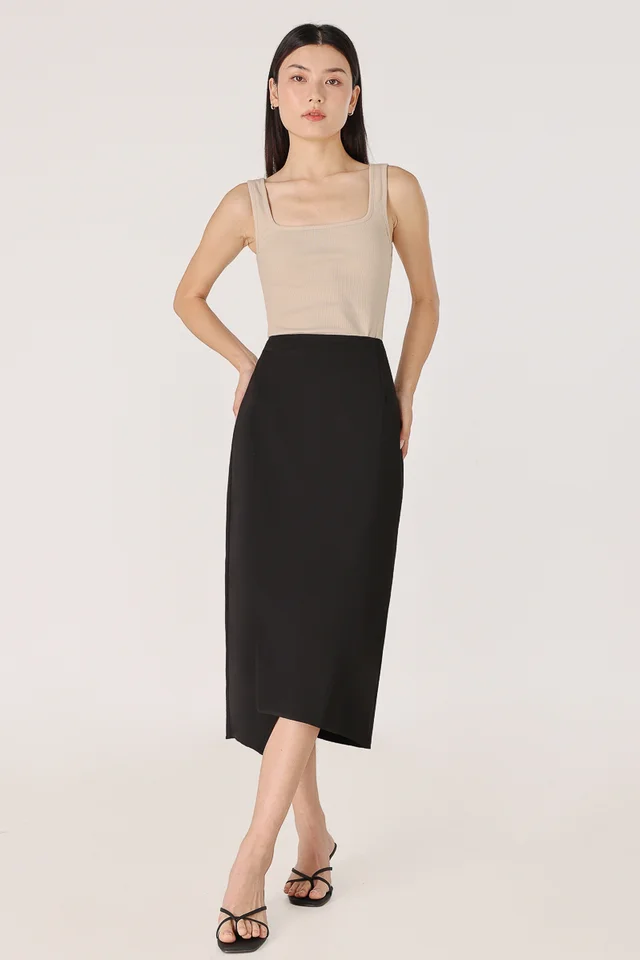 ELIZABETH ASYMMETRICAL BACK SLIT MIDAXI SKIRT (BLACK)