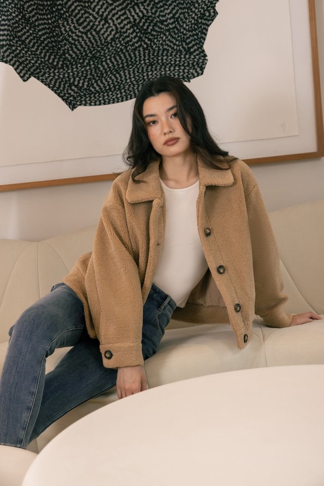 ZOLANI TEDDY FUR COLLARED BUTTON JACKET (TOFFEE)