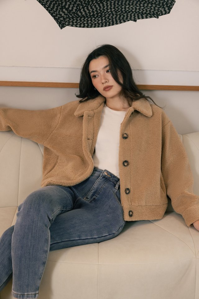 ZOLANI TEDDY FUR COLLARED BUTTON JACKET (TOFFEE)