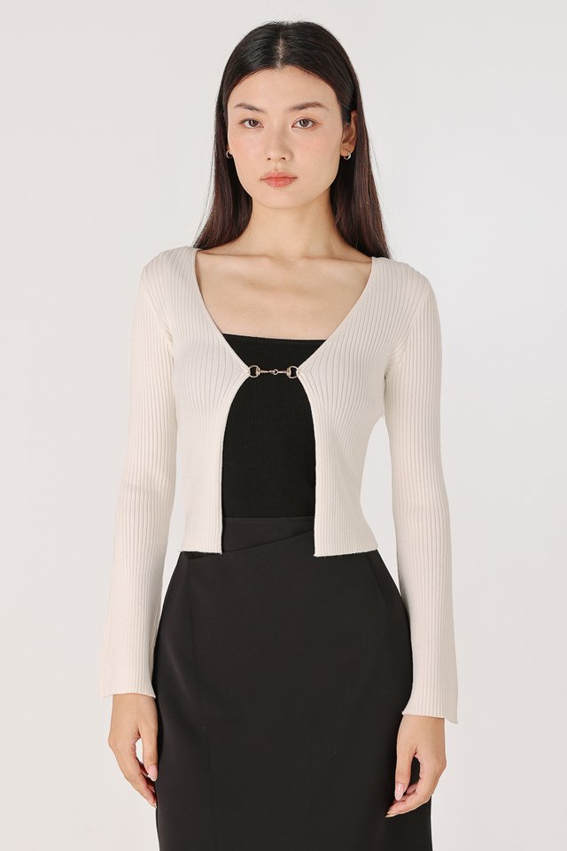 FIO FLARE SLEEVE FRONT BUCKLE KNIT CARDIGAN (OFF-WHITE)