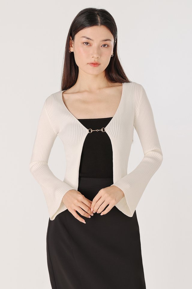 FIO FLARE SLEEVE FRONT BUCKLE KNIT CARDIGAN (OFF-WHITE)