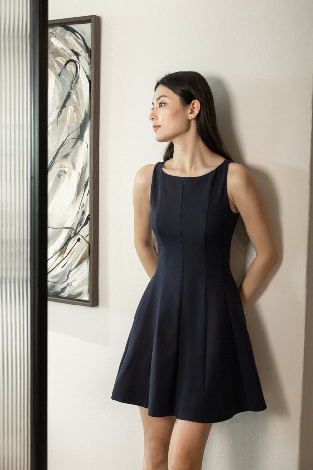 ROMANA PADDED BOATNECK PANELLED DRESS (MIDNIGHT)