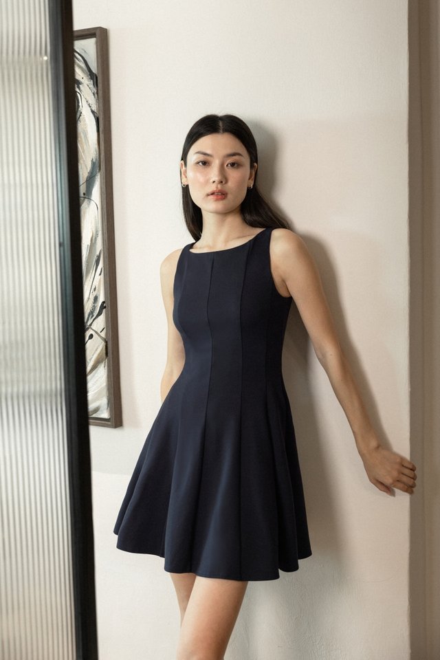 ROMANA PADDED BOATNECK PANELLED DRESS (MIDNIGHT)