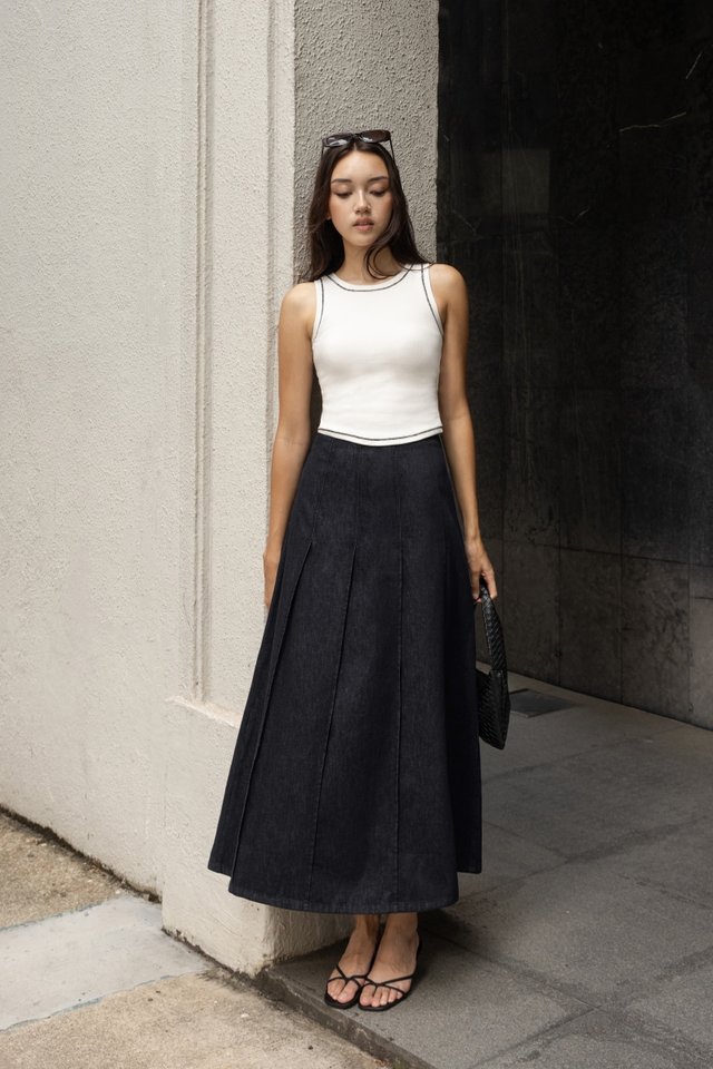FIRST SIGHT PANEL FLARE DENIM MAXI SKIRT - PETITE