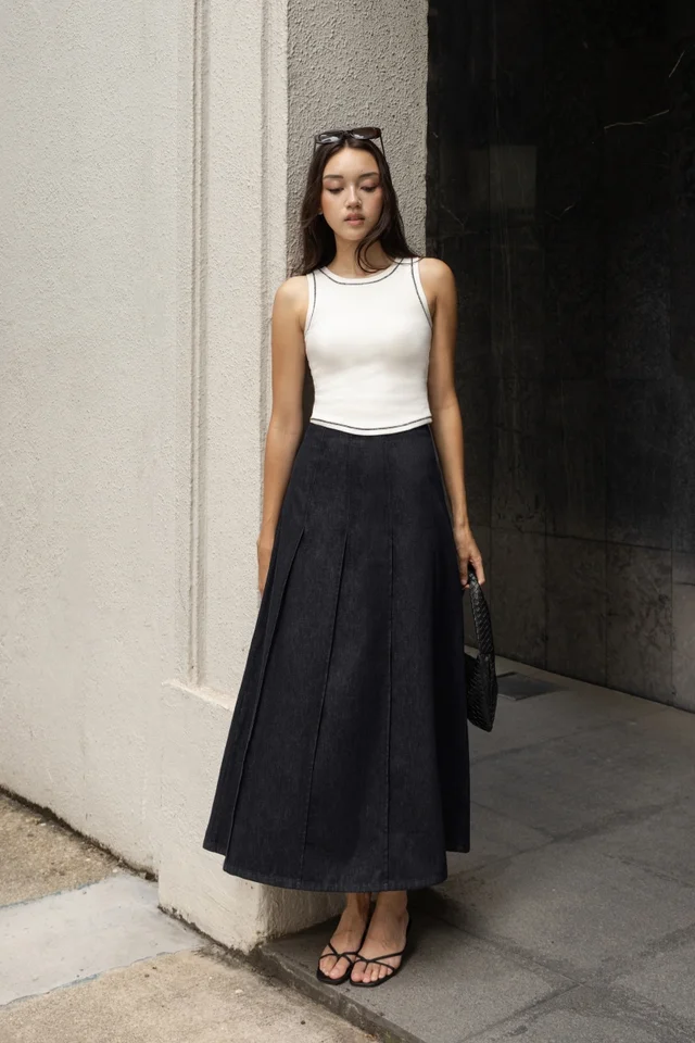FIRST SIGHT PANEL FLARE DENIM MAXI SKIRT - PETITE