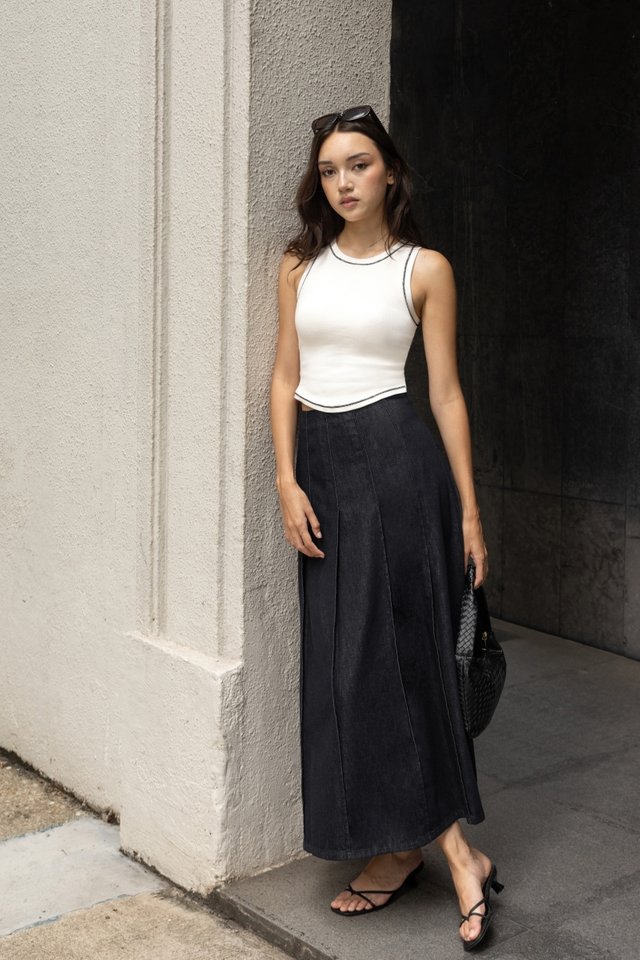 FIRST SIGHT PANEL FLARE DENIM MAXI SKIRT - PETITE