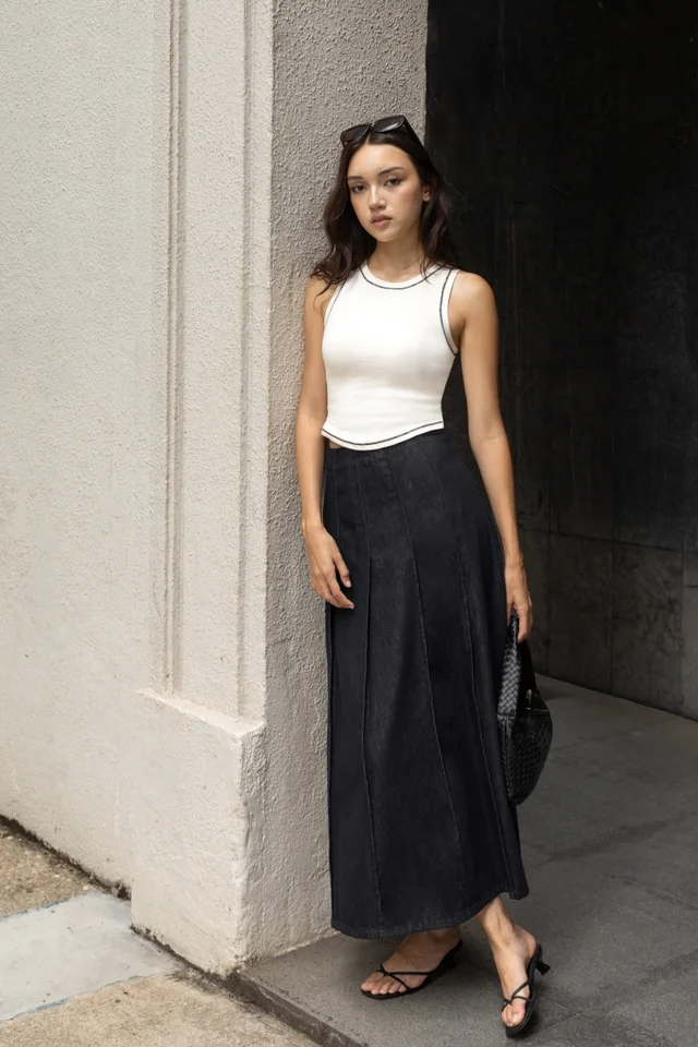 FIRST SIGHT PANEL FLARE DENIM MAXI SKIRT - PETITE