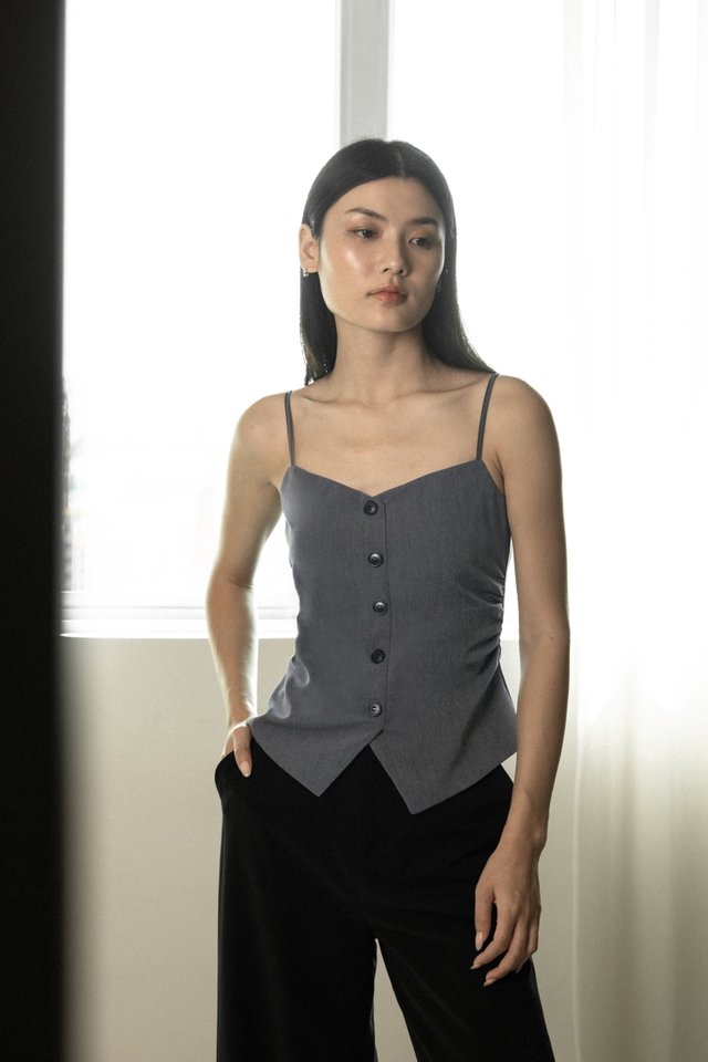 ALESSIA PADDED SIDE RUCHED BUTTON VEST TOP (GREY)